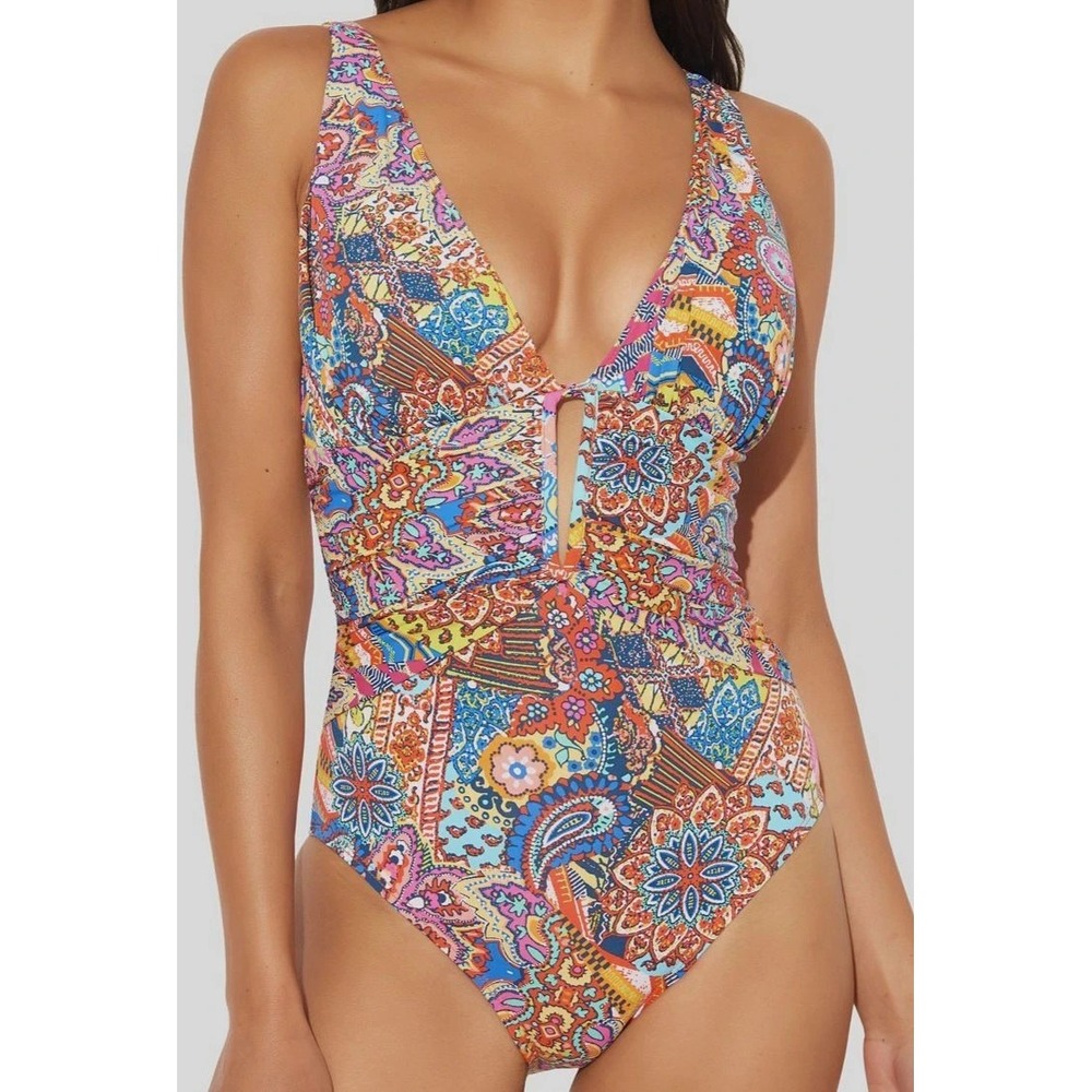 Bleu Rod Beattie Women's Multicolor‎ V-Neck Plunge One-Piece Swimsuit Women's 16